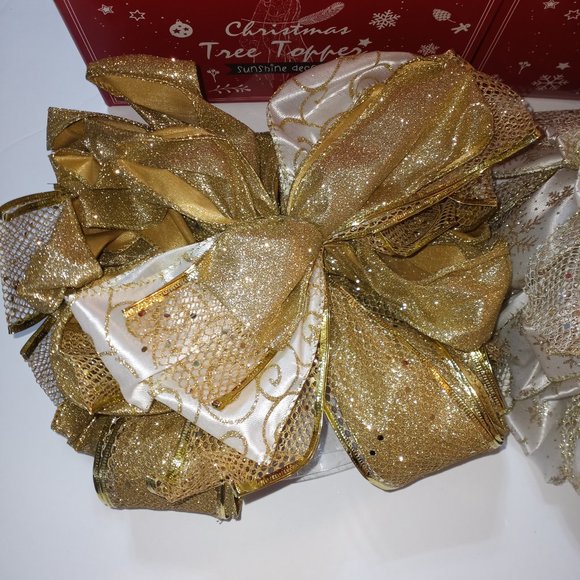 Christmas Tree Topper Bow Ornament with Glitter Satin Mesh Streamer - Picture 5 of 10